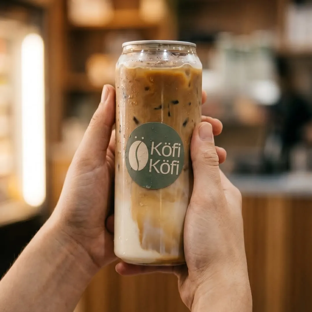 An iced latte in a Köfi Köfi can, held up in the cafe