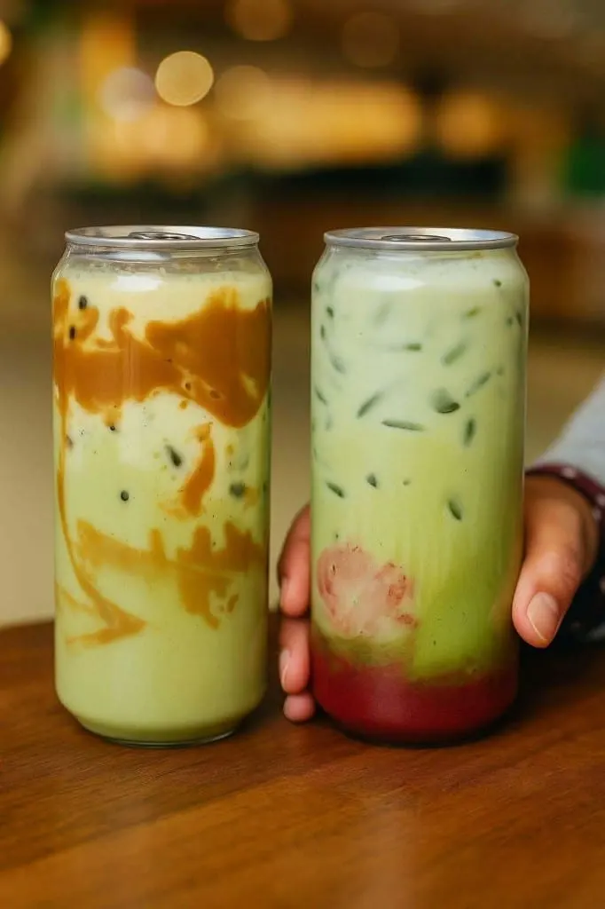 Two Köfi Köfi cans of iced matcha, one swirled with caramel and one with strawberry at the base